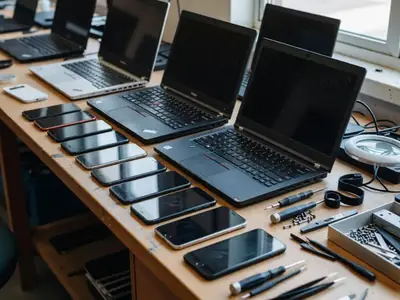 Refurbished laptops and phones lined up on a clean workbench with a technician's tools.