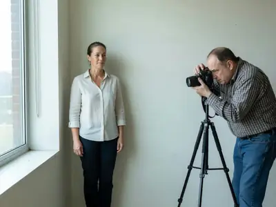 A woman having her passport photo taken against a plain white wall.