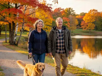 A couple in their fifties walking their dog by a lake at sunset.