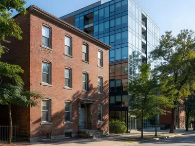 An older three-storey brick walk-up apartment building beside a new glass rental tower.