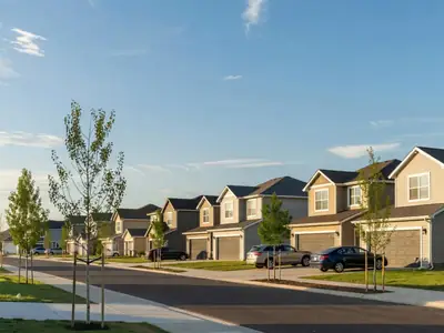 A new suburban street of two-storey homes with attached garages under a big prairie sky.