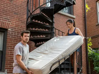 A young couple carrying a mattress up an outdoor spiral staircase of a Montréal plex.