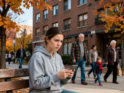 A young woman sitting on a bench outside an apartment building, looking at her phone with a sceptical expression.