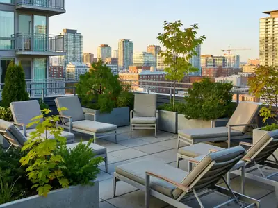 A condo building's shared rooftop terrace with lounge chairs and planters overlooking the city.