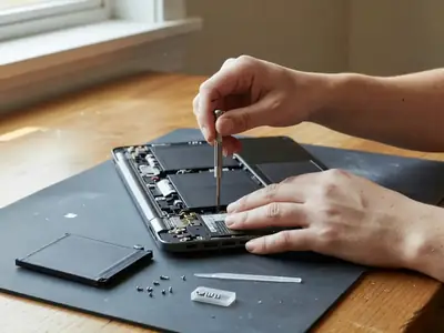 Hands opening the back panel of a laptop with a small screwdriver to replace the battery.