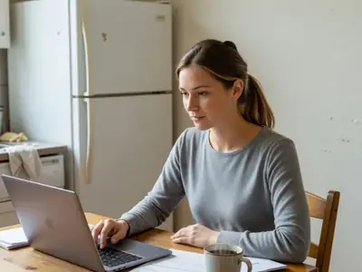 A young woman in her late twenties at her kitchen table calmly paying bills on her laptop.