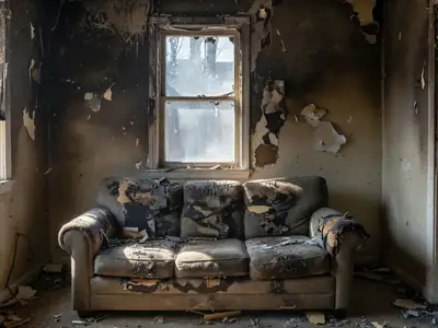 A living room with smoke damage, soot on the walls and a scorched sofa.