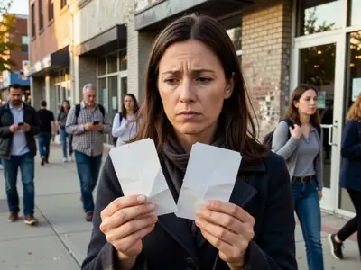A woman checking a pair of paper concert tickets suspiciously in her hand.