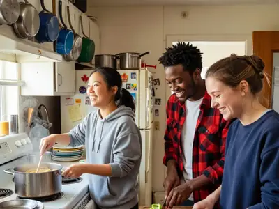 Three university students cooking together in a shared residence kitchen, one stirring pasta and two chopping vegetables.
