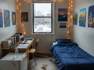 A small student residence room with a bed, a desk, a mini fridge and a window to campus.