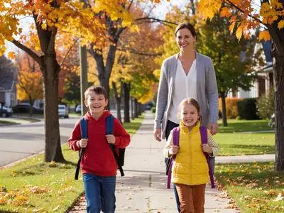 A mother walking her two kids to school along a leafy sidewalk, the kids with backpacks running ahead.