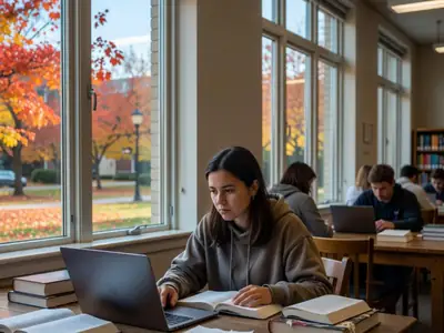 A university student in a campus library studying with her laptop and textbooks.