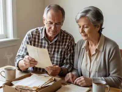 A retired couple sorting a shoebox of old papers at the dining table, the man holding up one sheet.