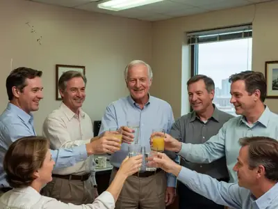 Coworkers raising glasses at a retirement party for a smiling man in his sixties.