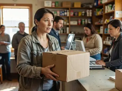 A woman carrying a small plain box into a parcel drop-off counter at a small shop.