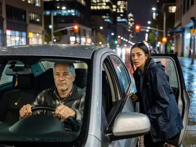 A rideshare driver in his car picking up a passenger at a downtown curb at night.