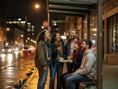 A group of friends in their twenties waiting at a downtown night bus stop after dinner, laughing.