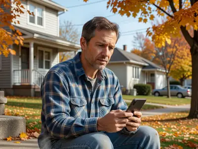 A man sitting on his front step looking at his phone bill on his phone with a puzzled look.