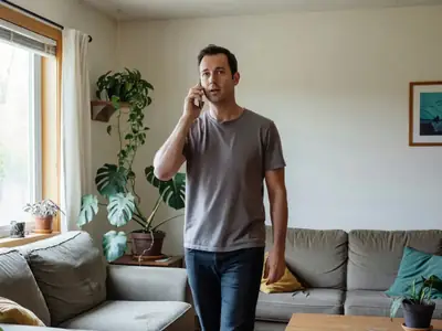 A man on the phone pacing in his living room, calm and confident.