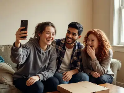 Three roommates sitting on a couch laughing while one holds up a phone to show the others.