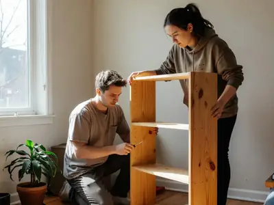 Two roommates assembling a bookshelf together in a small shared apartment living room.