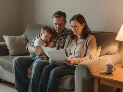 A mother and father sitting together on a living room sofa in the evening reviewing a few plain sheets of paper, a small child asleep against the father's shoulder.
