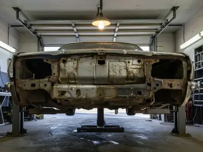 The underside of an older car on a hoist showing rust on the frame and wheel wells.
