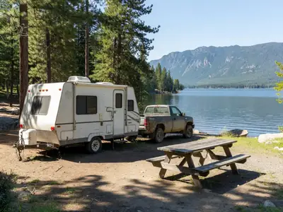 A travel trailer hitched to a pickup at a lakeside campsite with mountains behind.