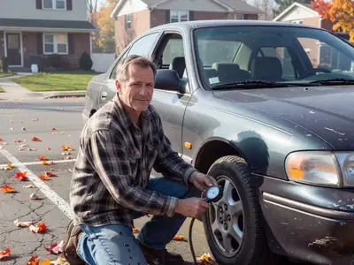 A man checking his tire pressure with a gauge at the side of his car in a parking lot.