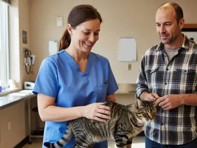 A cat being weighed on a clinic scale while the vet tech smiles.