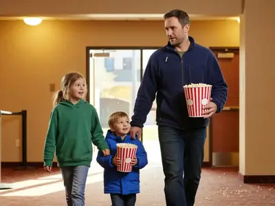 A dad and two kids walking into a cinema lobby with popcorn.