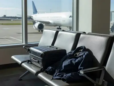 A carry-on bag and a jacket on an empty airport waiting area seat by a big window with a plane outside.