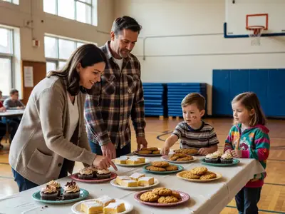Parents and kids at a school bake sale table in a gym.