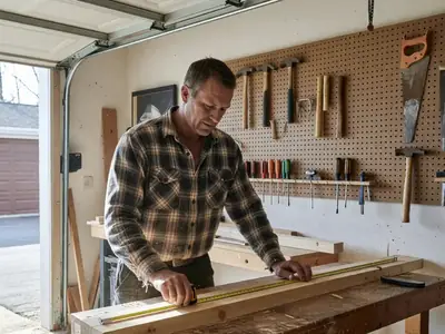 A self-employed carpenter measuring wood in his home workshop.