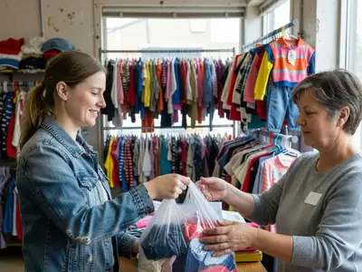 A mother handing a bag of kids' clothes to a clerk at a resale store counter.
