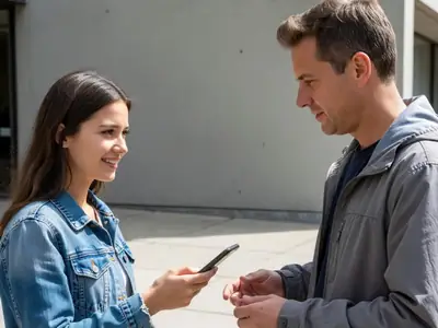 A young woman meeting a buyer outside a police station safe-exchange zone to sell her phone.