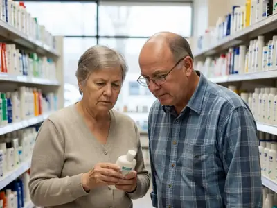 An older couple shopping together in a pharmacy aisle, the woman holding a bottle of lotion.