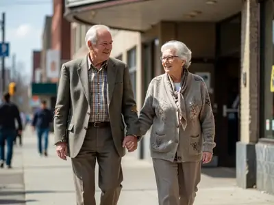 An older couple holding hands as they walk out of a matinee at a theatre.