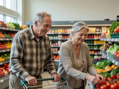 A senior couple shopping together, the husband pushing the cart and the wife choosing tomatoes.