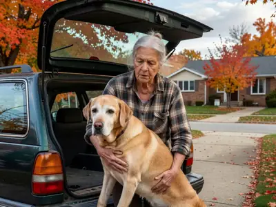 An older woman gently lifting her stiff senior Labrador into the back of her car.