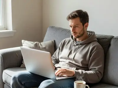 A young man on a sofa with his laptop on his knees, a mug beside him, focused and relaxed.