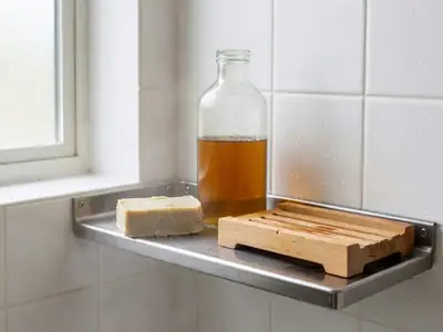 A shampoo bar on a wooden soap dish next to a glass refill bottle on a shower shelf.