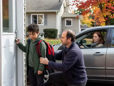 A father helping his son with a backpack at the door as the mother waits in a car outside.