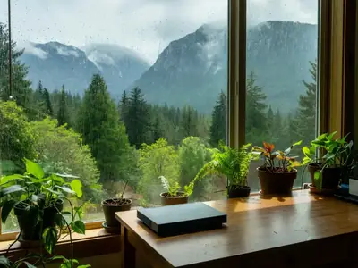 A West Coast home office with a big window looking at mountains and a plain router on the desk.