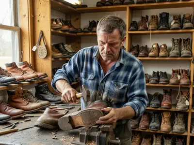 A cobbler resoling a leather boot at his workbench.
