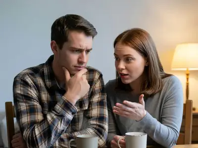 A young couple at their dining table comparing car insurance, the man thinking with chin in hand while the woman explains.