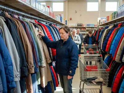 A woman browsing a long rack of coats in an off-price store.