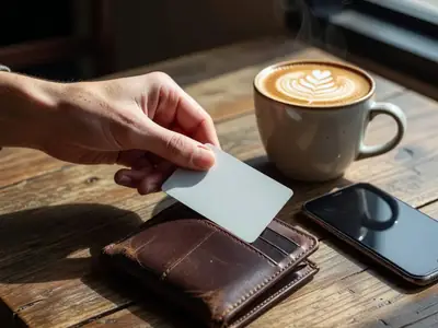 Close-up of a hand withdrawing a blank debit card from a wallet beside a phone face down on a café table.