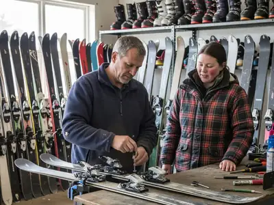 A rental shop technician adjusting ski bindings on a workbench as a customer in a ski jacket watches.