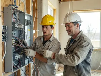 An apprentice electrician working with a journeyman on a wiring panel on a job site.